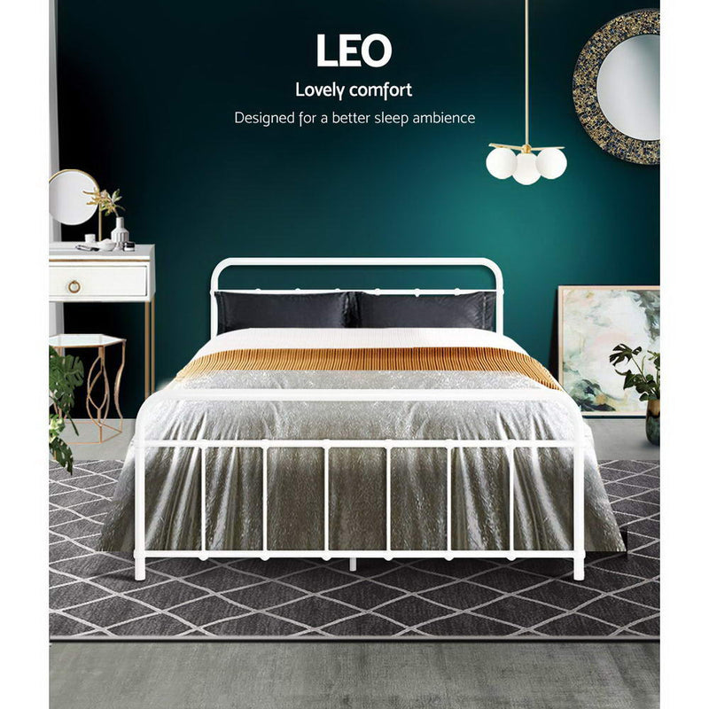 Metal Bed Frame Double Size Platform Foundation Mattress Base Leo White - Sale Now