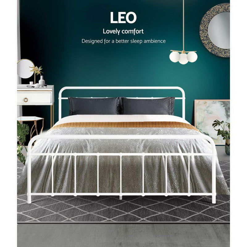 Metal Bed Frame Queen Size Platform Foundation Mattress Base Leo White - Sale Now