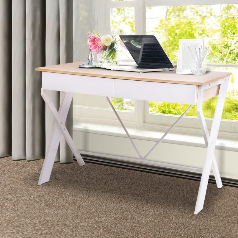 Artiss Metal Desk with Drawer - White with Oak Top - Sale Now