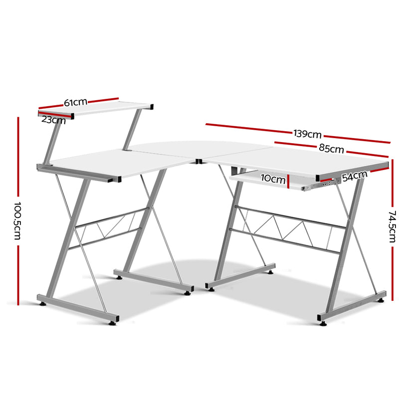 Artiss Corner Metal Pull Out Table Desk - White - Sale Now