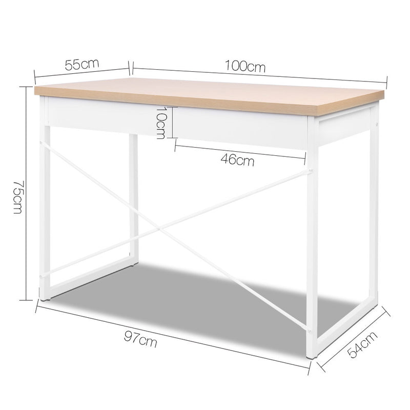 Artiss Metal Desk with Drawer - White with Wooden Top - Sale Now