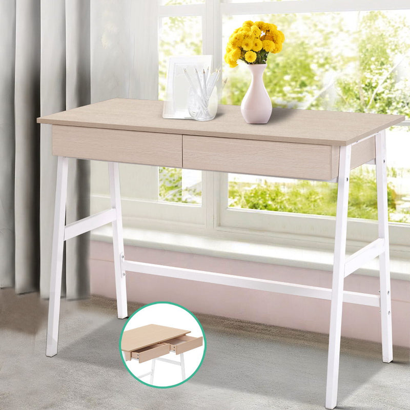 Artiss Metal Desk with Drawer - White with Oak Top - Sale Now