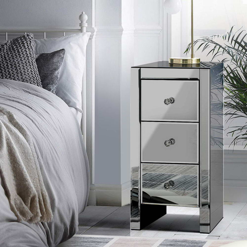 Artiss Mirrored Bedside Tables Drawers Crystal Chest Nightstand Glass Grey - Sale Now