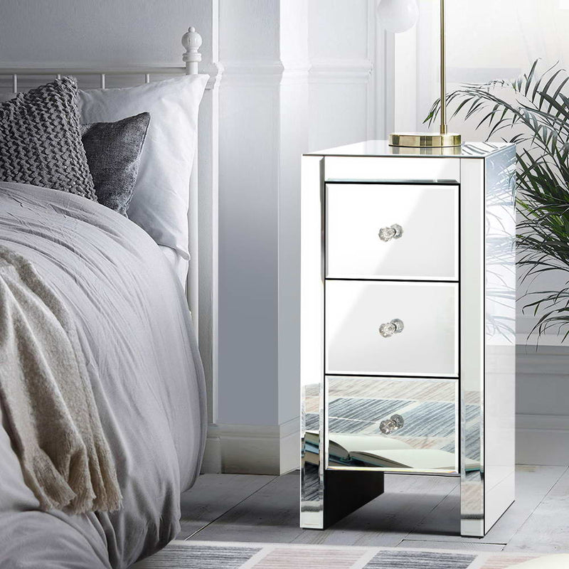 Artiss Mirrored Bedside table Drawers Furniture Mirror Glass Quenn Silver - Sale Now