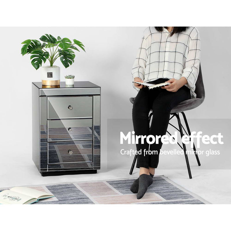 Artiss Mirrored Bedside table Drawers Furniture Mirror Glass Presia Smoky Grey - Sale Now