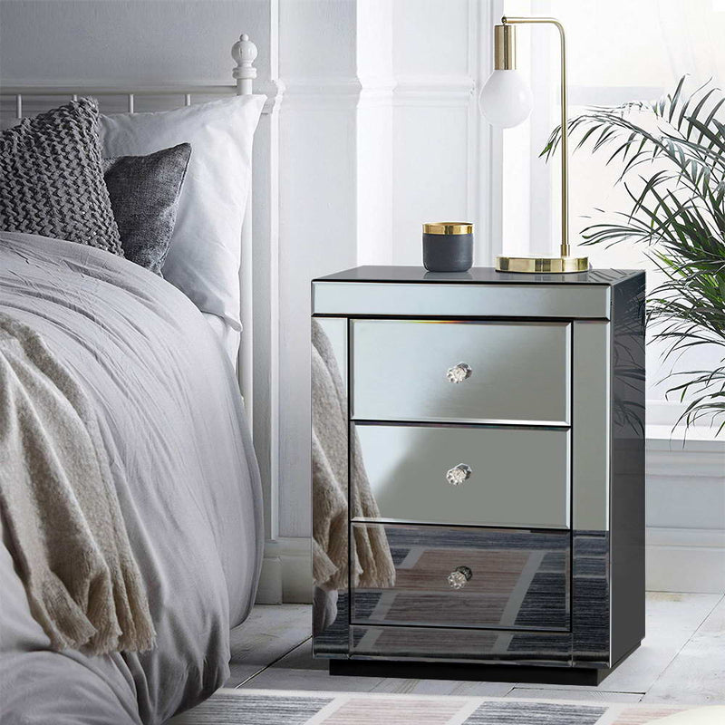 Artiss Mirrored Bedside table Drawers Furniture Mirror Glass Presia Smoky Grey - Sale Now