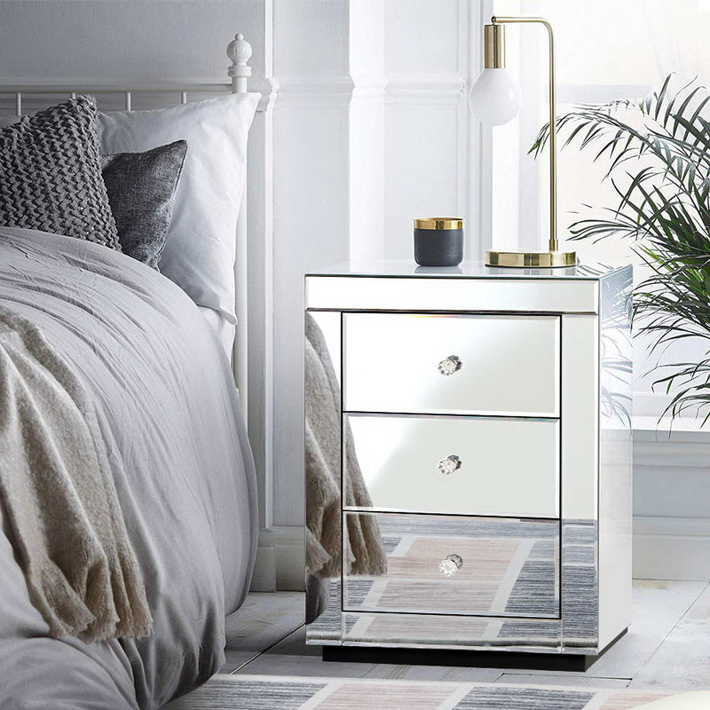 Artiss Mirrored Bedside Table Drawers Furniture Mirror Glass Presia Silver - Sale Now