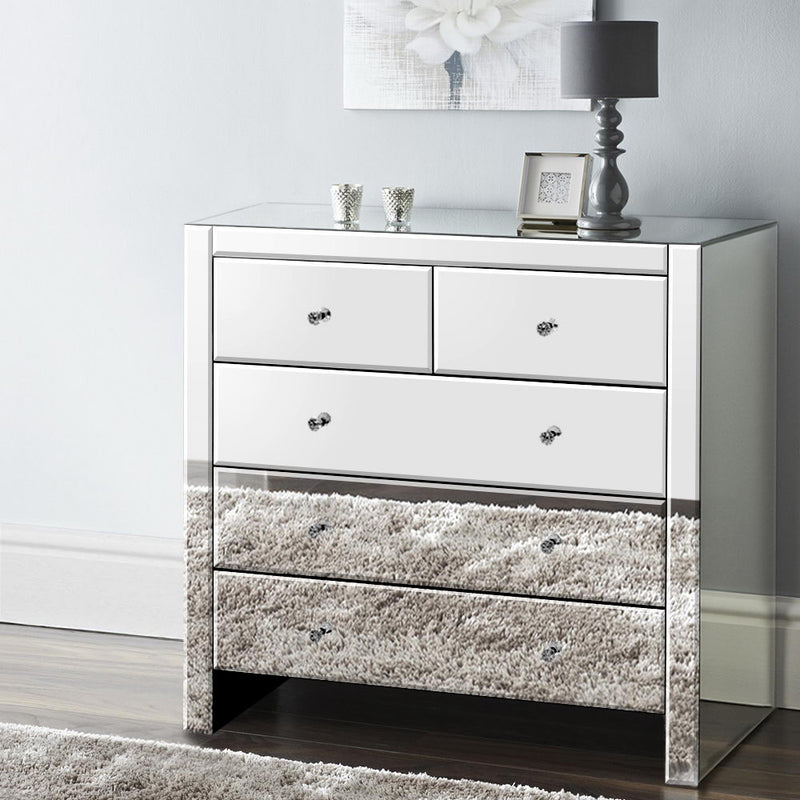 Artiss Chest of Drawers Tallboy Dresser Table Mirrored 5 Drawers Storage Cabinet - Sale Now