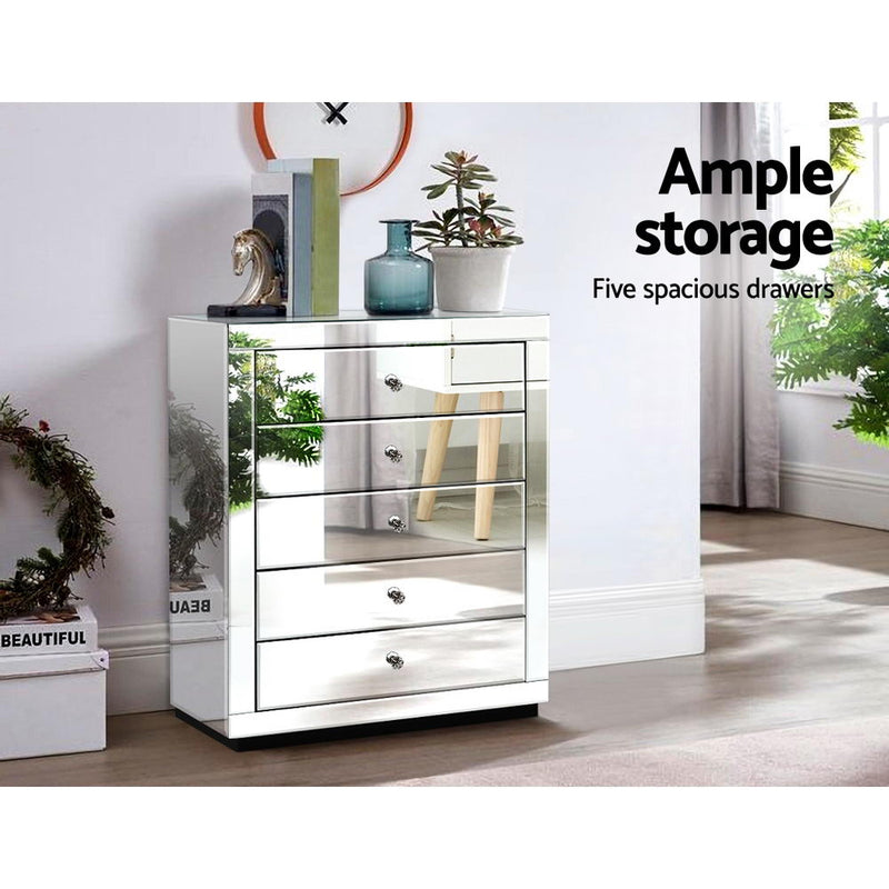 Artiss Chest of Drawers Mirrored Tallboy 5 Drawers Dresser Table Storage Cabinet - Sale Now