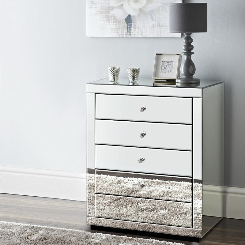 Artiss Chest of Drawers Mirrored Tallboy 5 Drawers Dresser Table Storage Cabinet - Sale Now