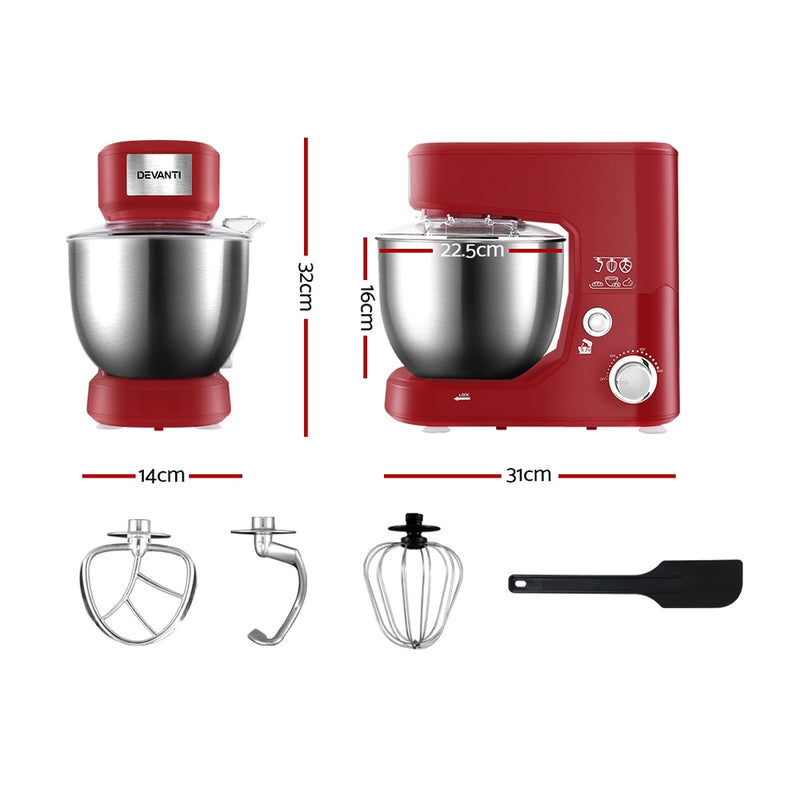 Devanti Electric Stand Mixer 1200W Kitche Beater Cake Aid Whisk Bowl Hook Red - Sale Now