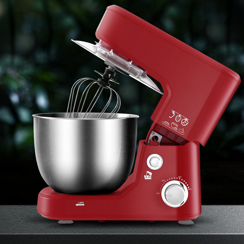 Devanti Electric Stand Mixer 1200W Kitche Beater Cake Aid Whisk Bowl Hook Red - Sale Now