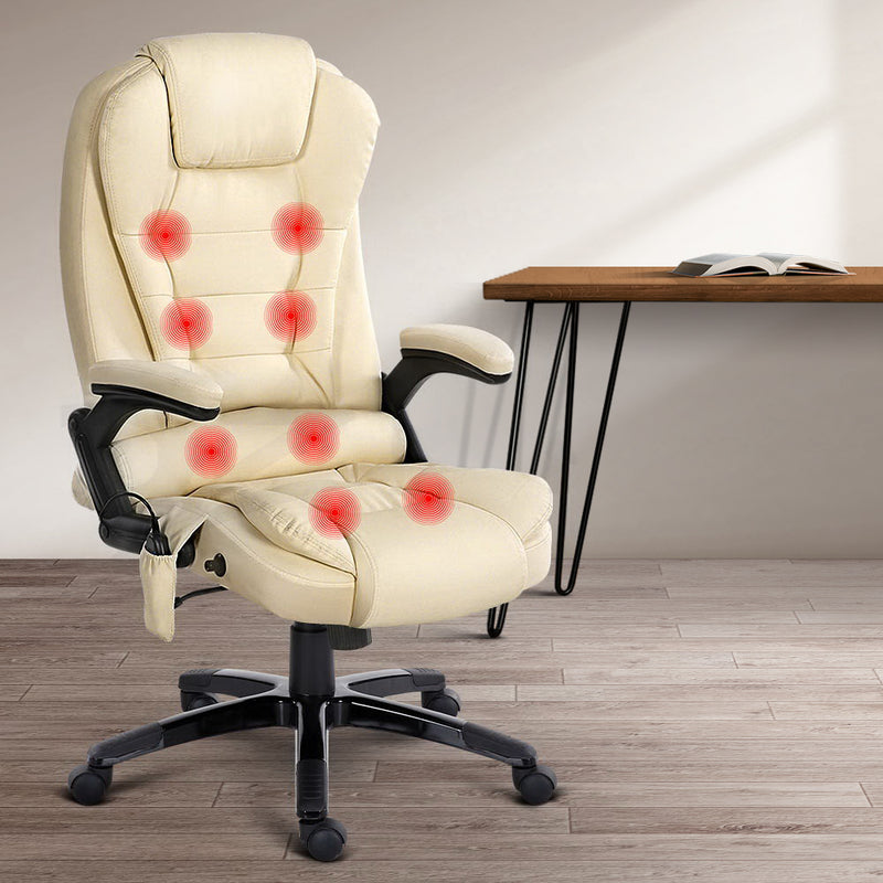 8 Point PU Leather Reclining Massage Chair - Beige - Sale Now