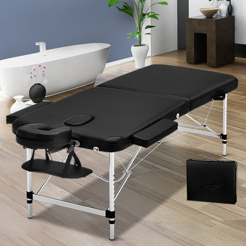 Zenses 70cm Wide Portable Aluminium Massage Table Two Fold Treatment Beauty Therapy Black - Sale Now