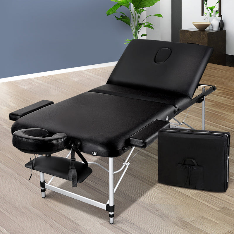 Zenses 70cm Wide Portable Aluminium Massage Table 3 Fold Treatment Beauty Therapy Black - Sale Now