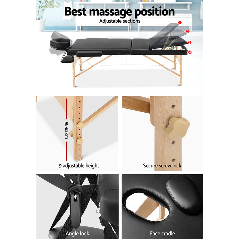 Zenses 3 Fold Portable Wood Massage Table - Black - Sale Now