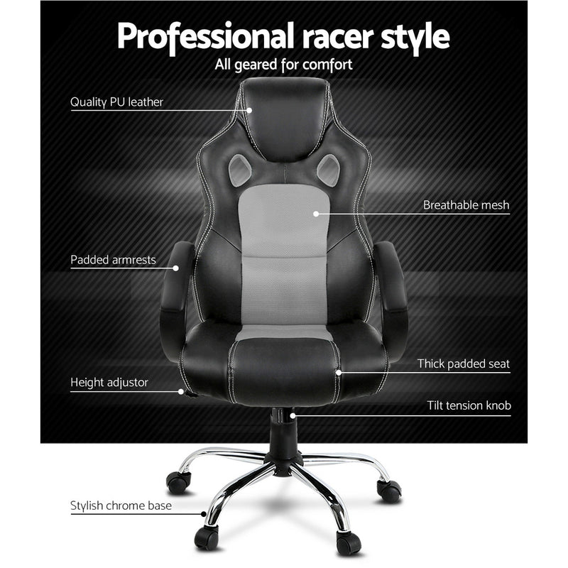 Racing Style PU Leather Office Desk Chair - Grey - Sale Now
