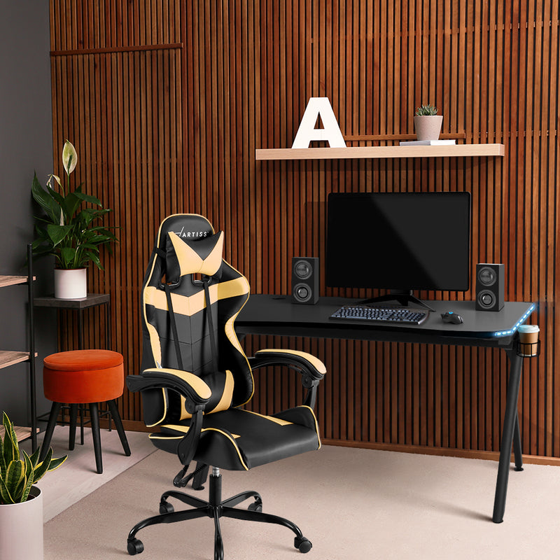 Artiss Office Chair Gaming Chair Computer Chairs Recliner PU Leather Seat Armrest Black Golden - Sale Now