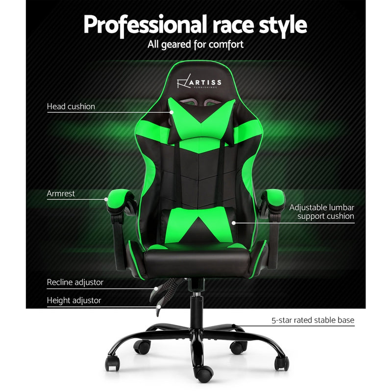 Artiss Office Chair Gaming Chair Computer Chairs Recliner PU Leather Seat Armrest Black Green - Sale Now