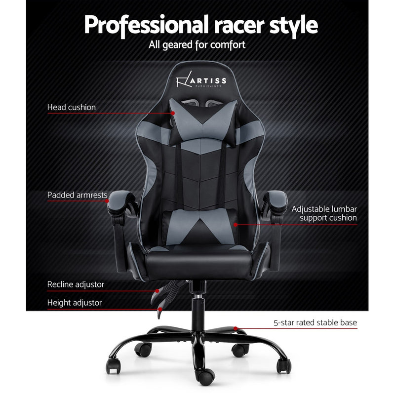 Artiss Office Chair Gaming Chair Computer Chairs Recliner PU Leather Seat Armrest Black Grey - Sale Now
