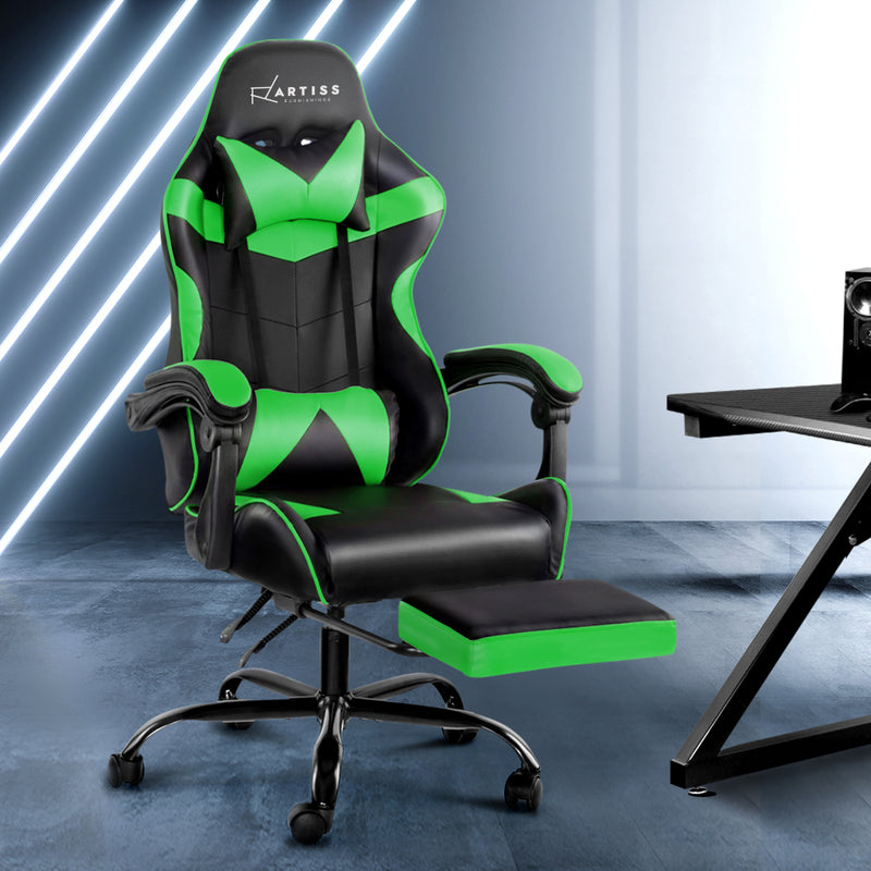 Artiss Office Chair Gaming Chair Computer Chairs Recliner PU Leather Seat Armrest Footrest Black Green - Sale Now