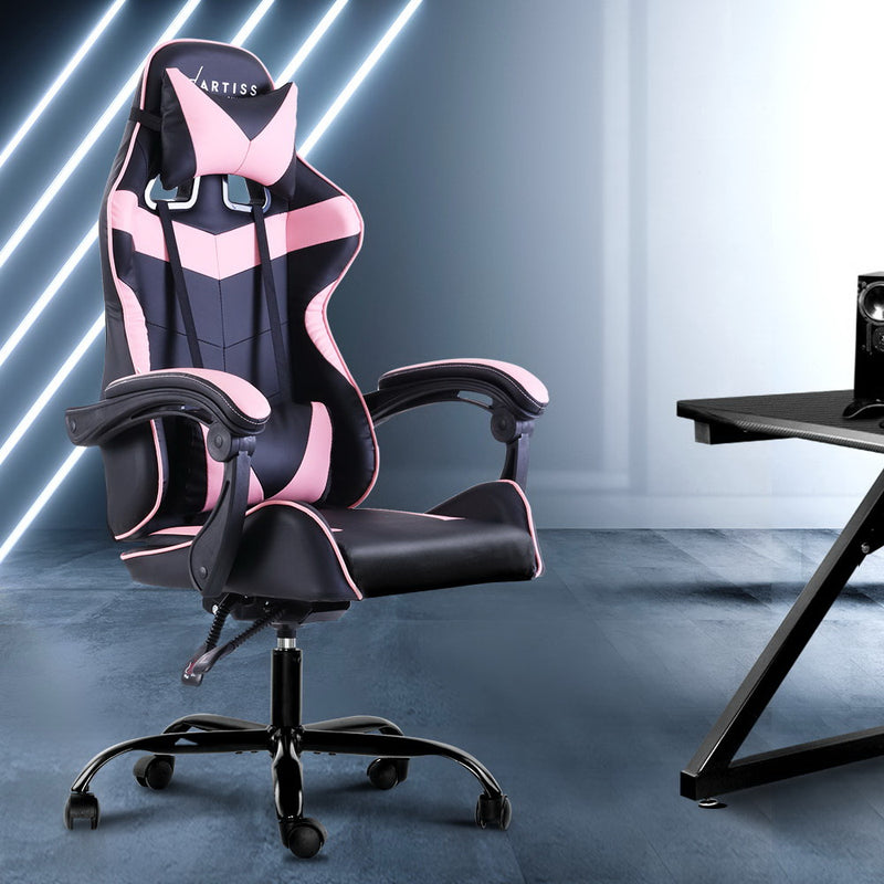 Artiss Office Chair Gaming Chair Computer Chairs Recliner PU Leather Seat Armrest Footrest Black Pink - Sale Now