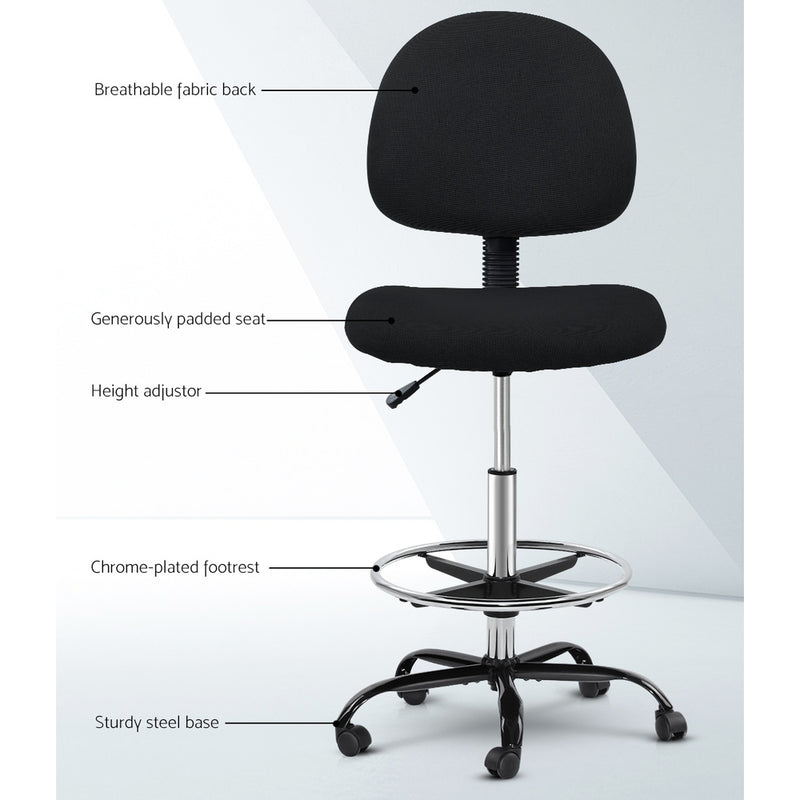 Artiss Office Chair Veer Drafting Stool Fabric Chairs Black - Sale Now