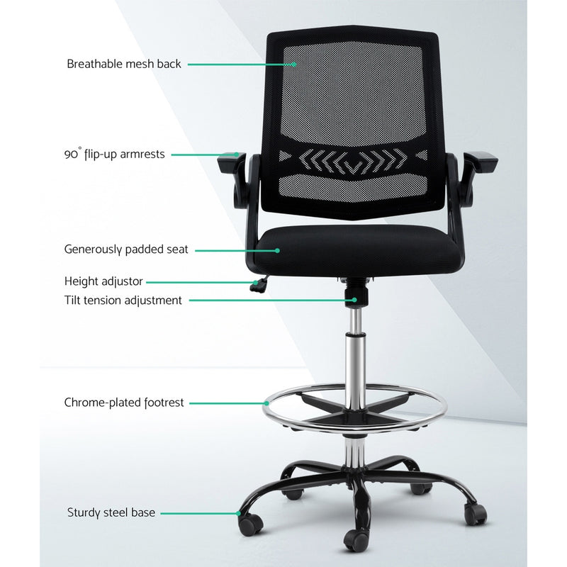 Artiss Office Chair Veer Drafting Stool Mesh Chairs Flip Up Armrest Black - Sale Now