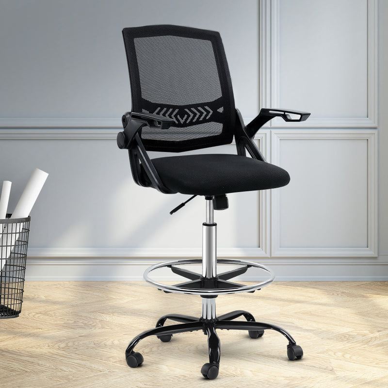 Artiss Office Chair Veer Drafting Stool Mesh Chairs Flip Up Armrest Black - Sale Now