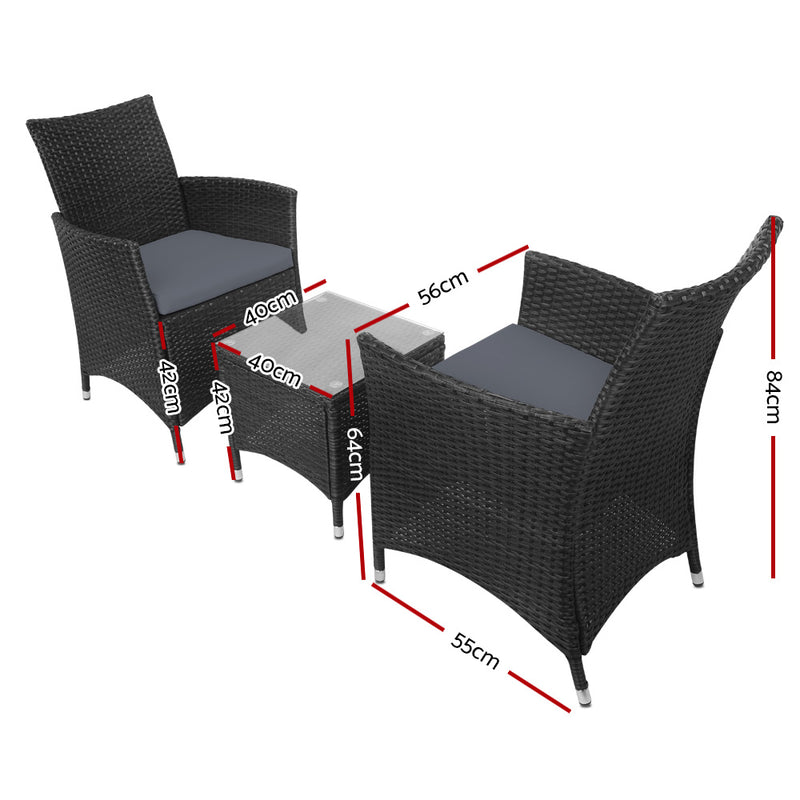 Gardeon 3 Piece Wicker Outdoor Furniture Set - Black - Sale Now