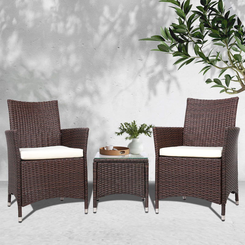 Gardeon 3 Piece Wicker Outdoor Furniture Set - Brown - Sale Now