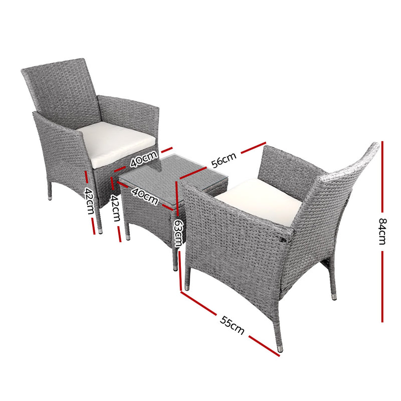 3 Piece Wicker Outdoor Chair Side Table Furniture Set - Grey - Sale Now