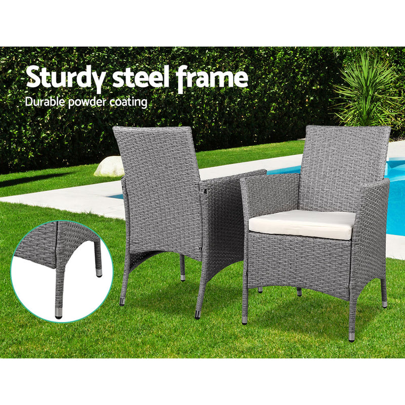 3 Piece Wicker Outdoor Chair Side Table Furniture Set - Grey - Sale Now