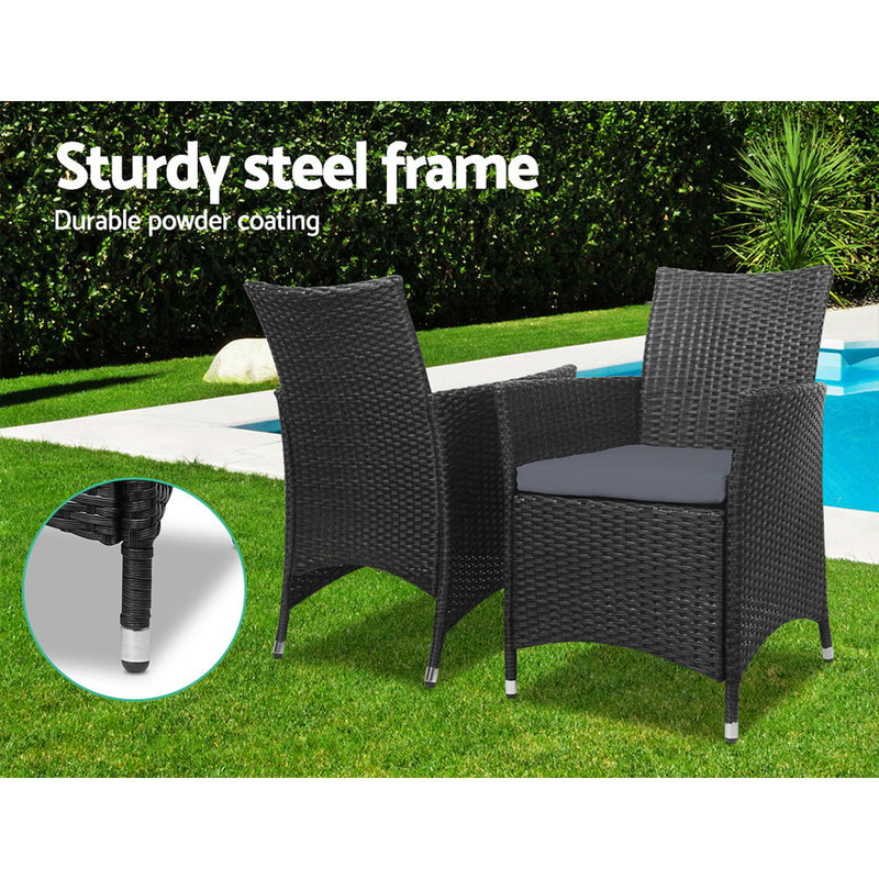 Gardeon 3pc Bistro Wicker Outdoor Furniture Set Black - Sale Now