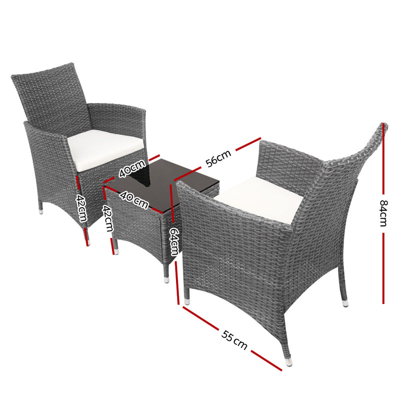 Gardeon 3pc Rattan Bistro Wicker Outdoor Furniture Set Grey - Sale Now