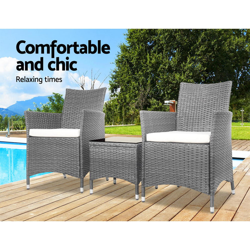 Gardeon 3pc Rattan Bistro Wicker Outdoor Furniture Set Grey - Sale Now