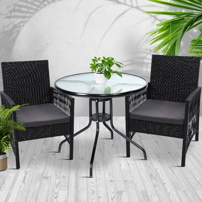 Gardeon Outdoor Furniture Dining Chairs Wicker Garden Patio Cushion Black 3PCS Tea Coffee Cafe Bar Set - Sale Now