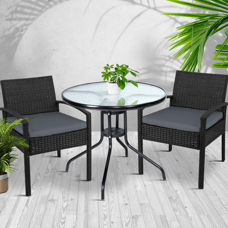 Gardeon Outdoor Furniture Dining Chairs Wicker Garden Patio Cushion Black 3PCS Sofa Set Tea Coffee Cafe Bar Set - Sale Now