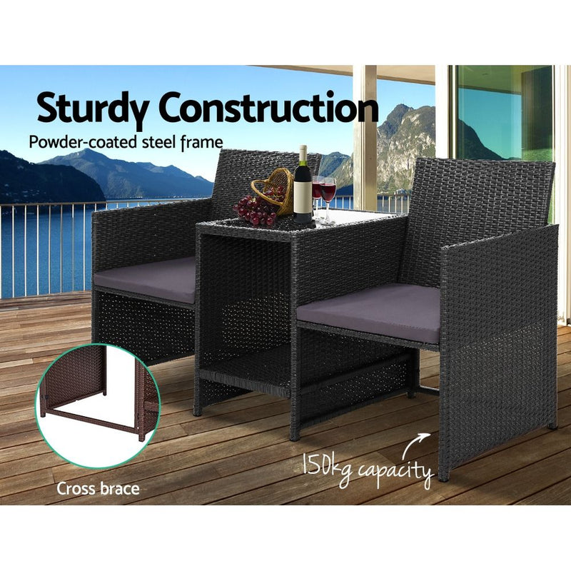 Gardeon Outdoor Setting Wicker Loveseat Birstro Set Patio Garden Furniture Black - Sale Now