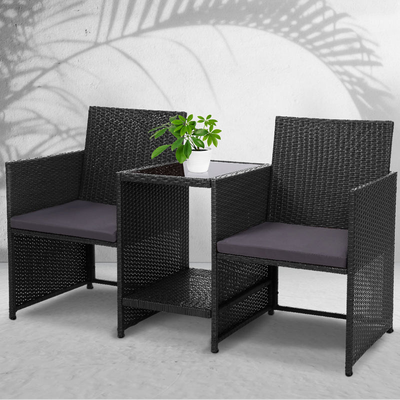 Gardeon Outdoor Setting Wicker Loveseat Birstro Set Patio Garden Furniture Black - Sale Now