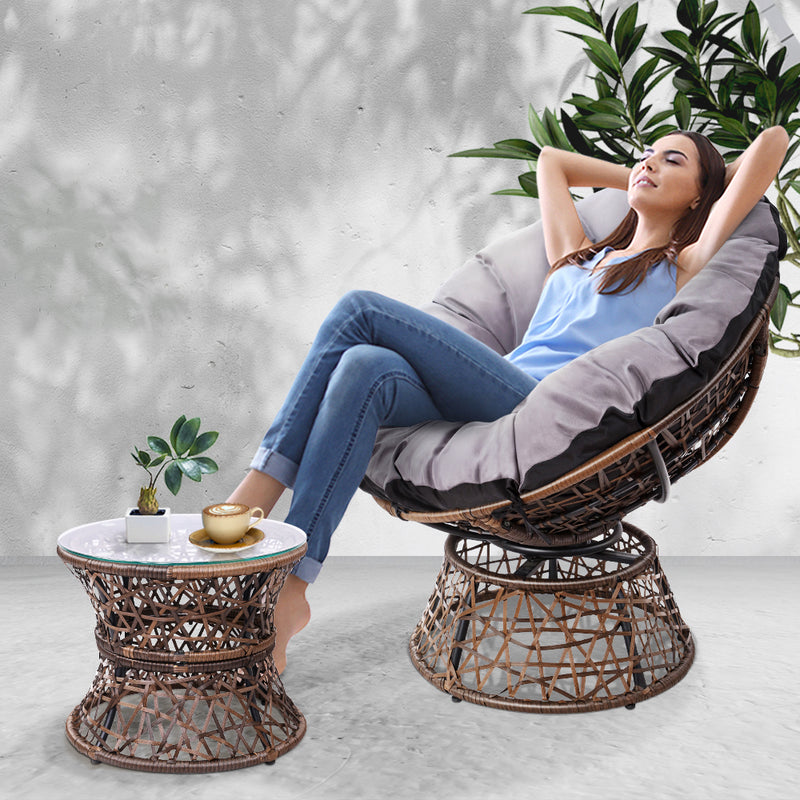 Gardeon Papasan Chair and Side Table - Brown - Sale Now