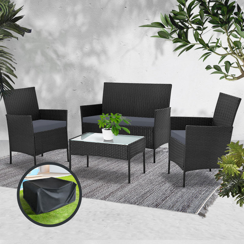 Gardeon Garden Furniture Outdoor Lounge Setting Wicker Sofa Patio Storage Cover Black - Sale Now