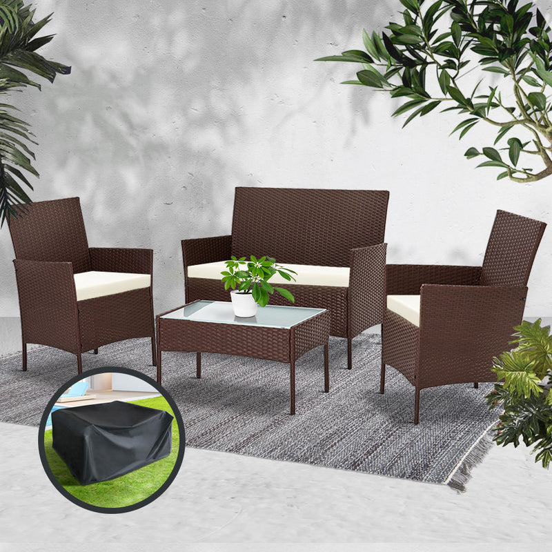 Gardeon Garden Furniture Outdoor Lounge Setting Rattan Set Patio Storage Cover Brown - Sale Now
