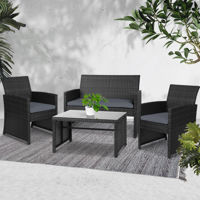 Gardeon Set of 4 Outdoor Wicker Chairs & Table - Black - Sale Now