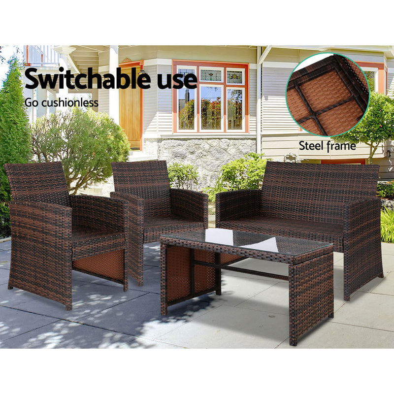 Gardeon Set of 4 Outdoor Wicker Chairs & Table - Brown - Sale Now