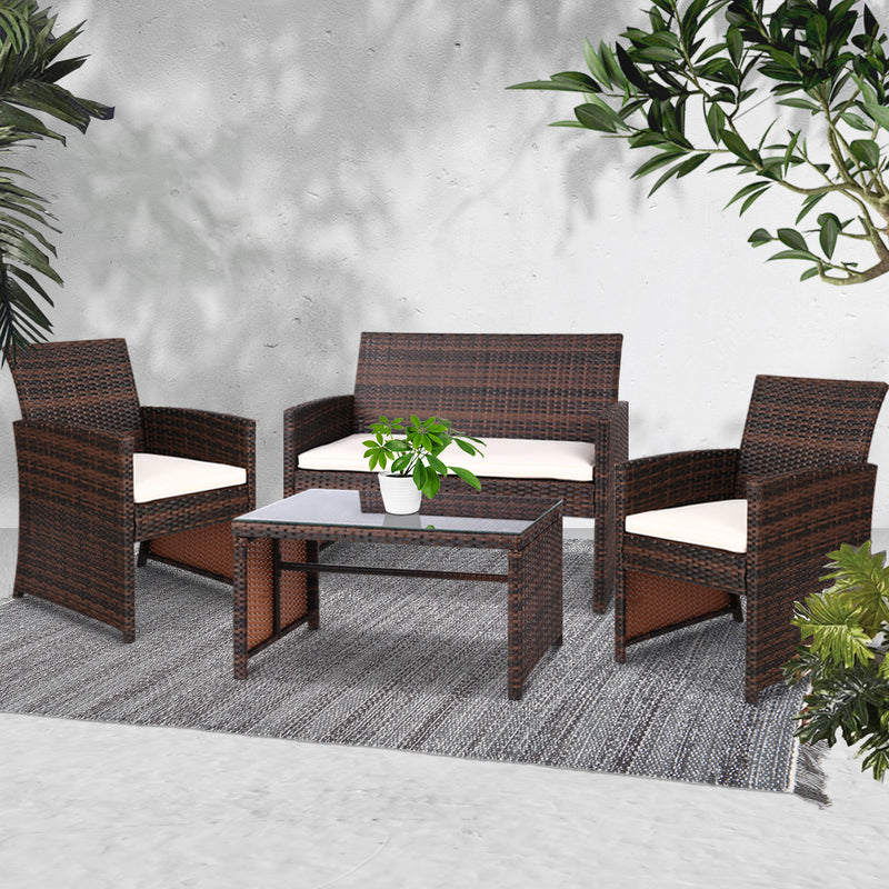 Gardeon Set of 4 Outdoor Wicker Chairs & Table - Brown - Sale Now