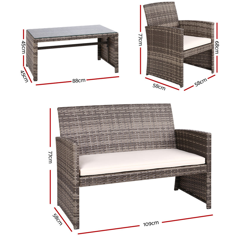 Gardeon Set of 4 Outdoor Wicker Chairs & Table - Grey - Sale Now