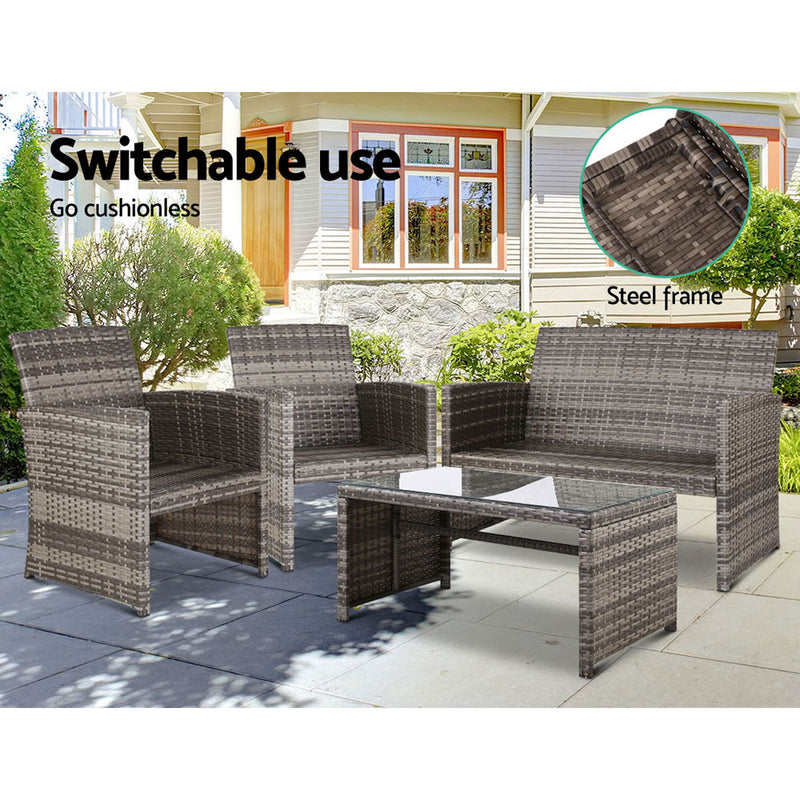 Gardeon Set of 4 Outdoor Wicker Chairs & Table - Grey - Sale Now