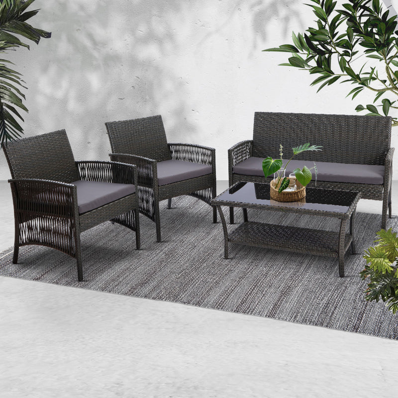 Gardeon Outdoor Furniture Set Wicker Cushion 4pc Dark Grey - Sale Now
