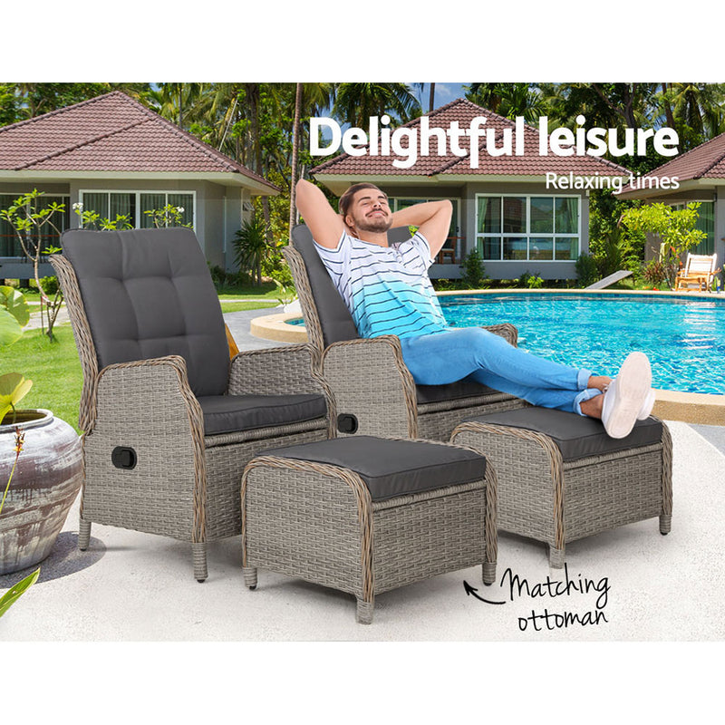 Gardeon Set of 2 Recliner Chairs Sun lounge Outdoor Patio Furniture Wicker Sofa Lounger - Sale Now